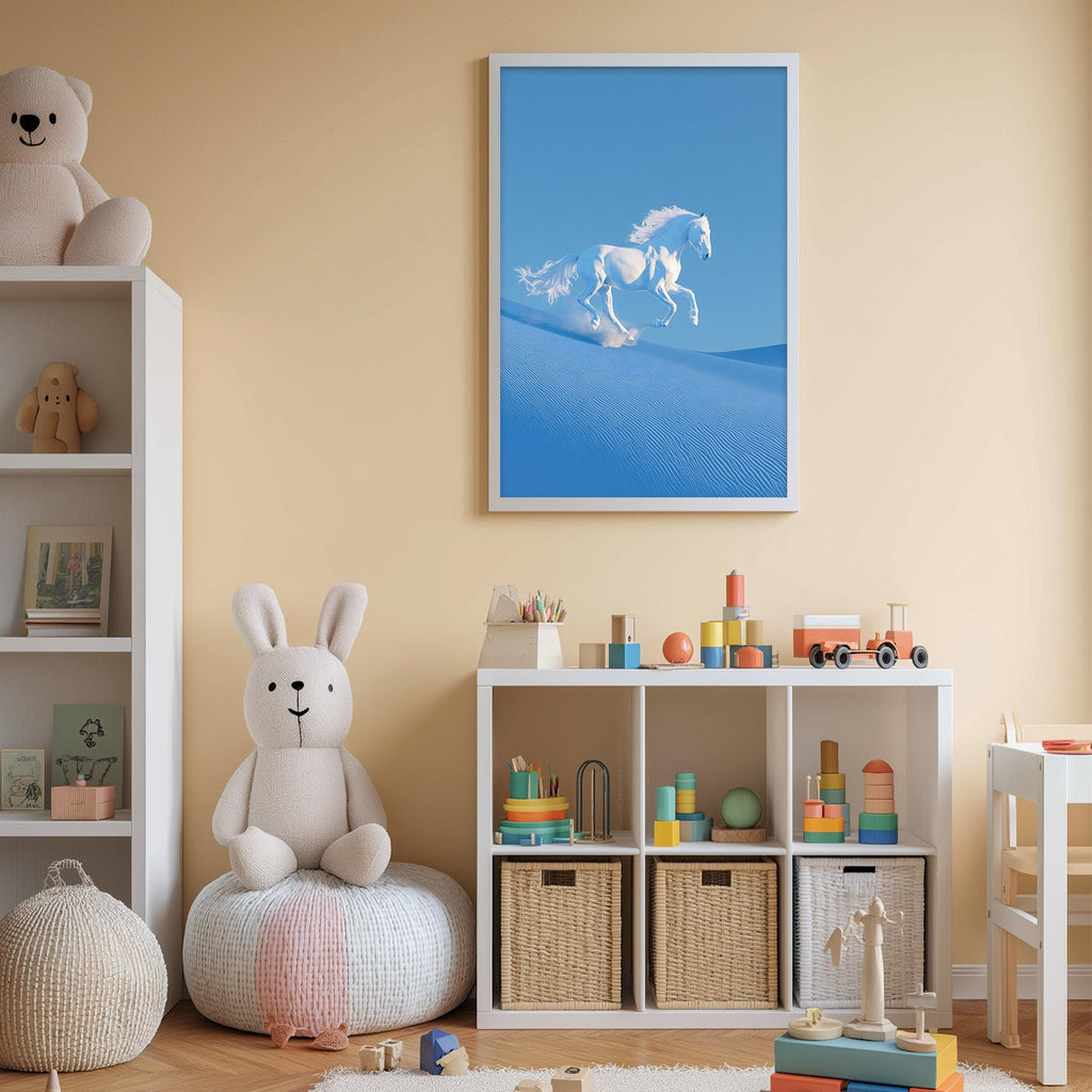 A child's bedroom with a white bookshelf, a stuffed rabbit, a toy train, and a framed picture of a horse on the wall.