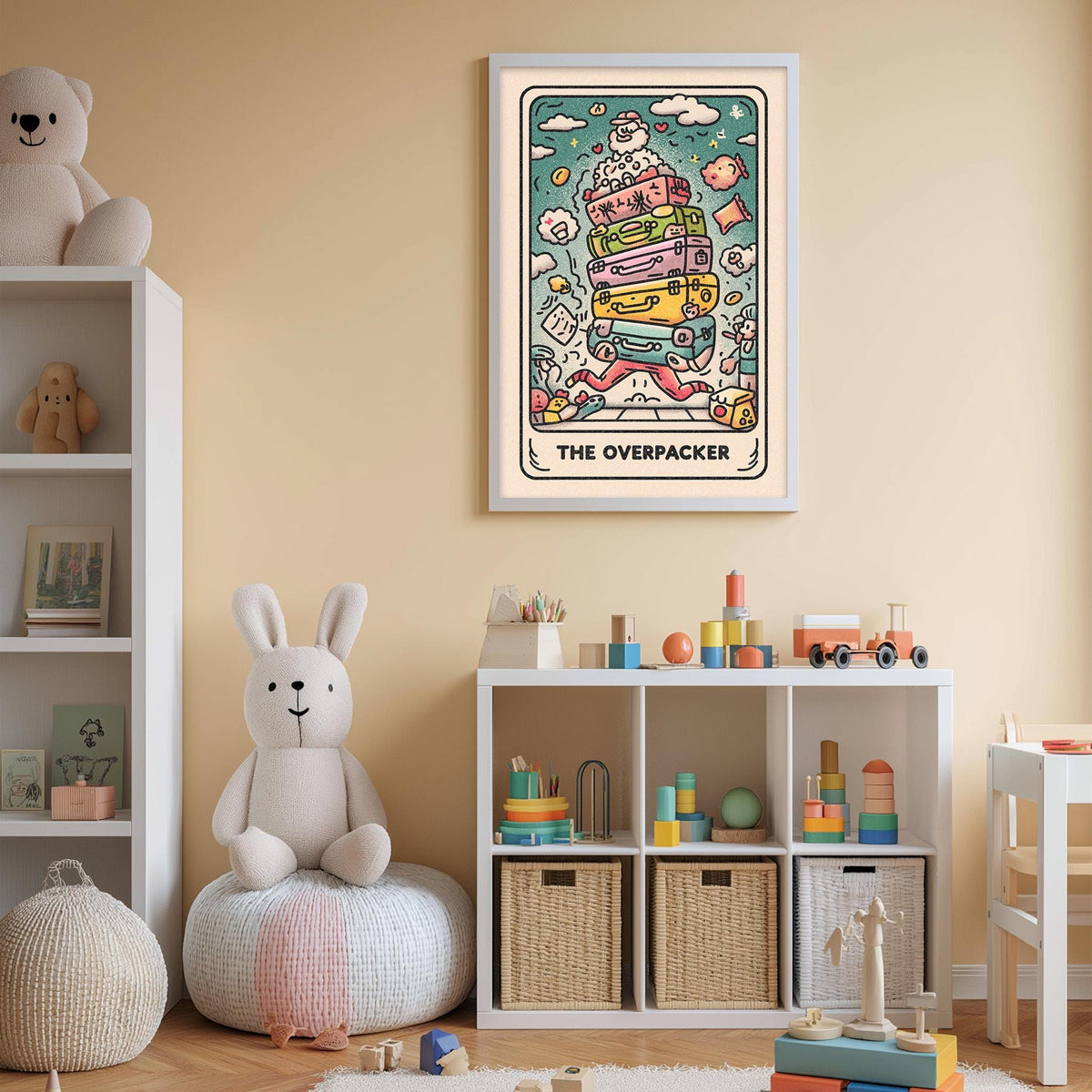 A child's bedroom with a large stuffed rabbit, a bookshelf filled with toys, and a framed poster of a colorful illustration of a toy train.