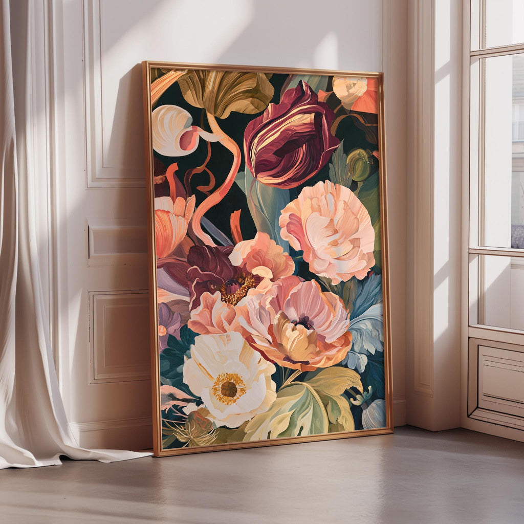 A large, vibrant floral painting is displayed on a wall, featuring a variety of colorful flowers and leaves in shades of pink, white, and green.