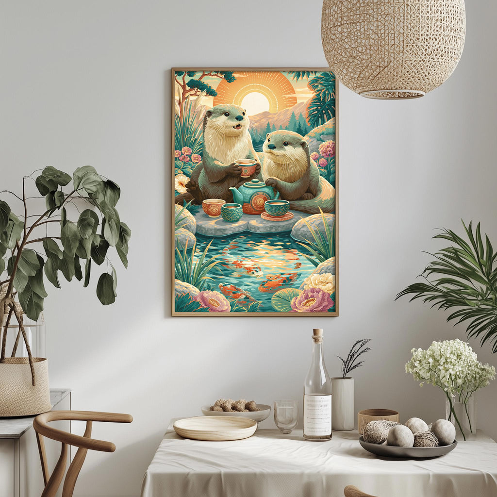a painting of two otters sitting at a table with a teapot, surrounded by a serene landscape with a pond, flowers, and a sunset.