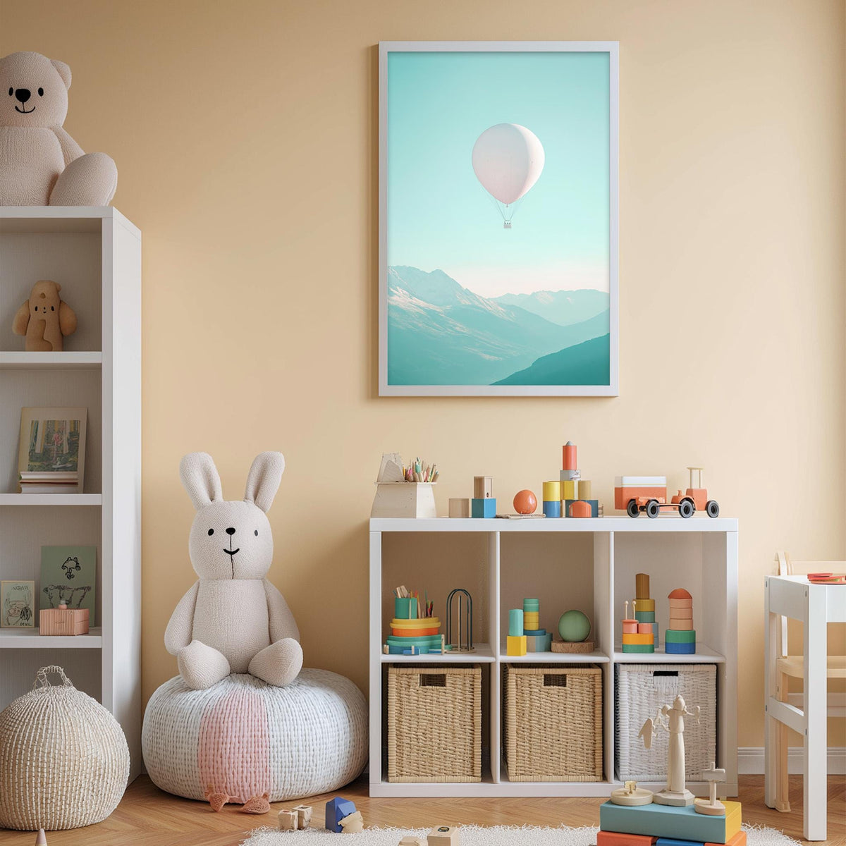 A cozy children's room with a white rabbit sitting on a bean bag chair, surrounded by toys and storage bins. A framed picture of a hot air balloon is displayed on the wall, and a shelf holds various toys and books.
