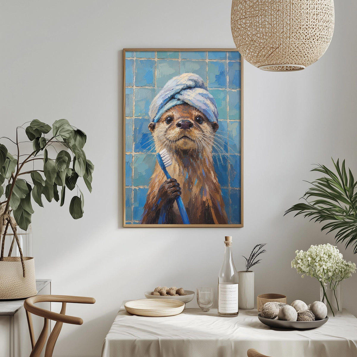 a painting of an otter holding a toothbrush, hanging on a wall above a table with various items on it.