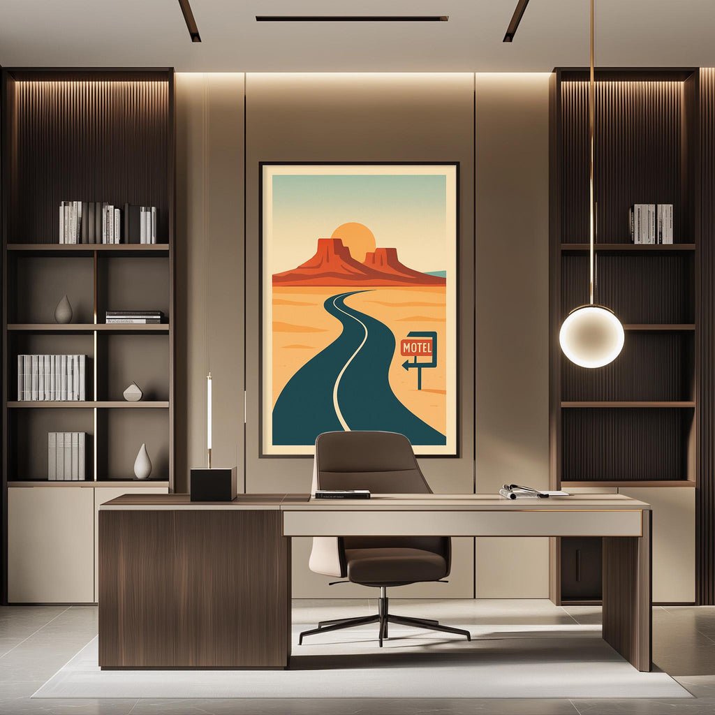 a modern office space with a large framed poster of a desert landscape featuring a winding road and mountains in the background. The office has a wooden desk, a chair, and a bookshelf, creating a professional and stylish atmosphere.