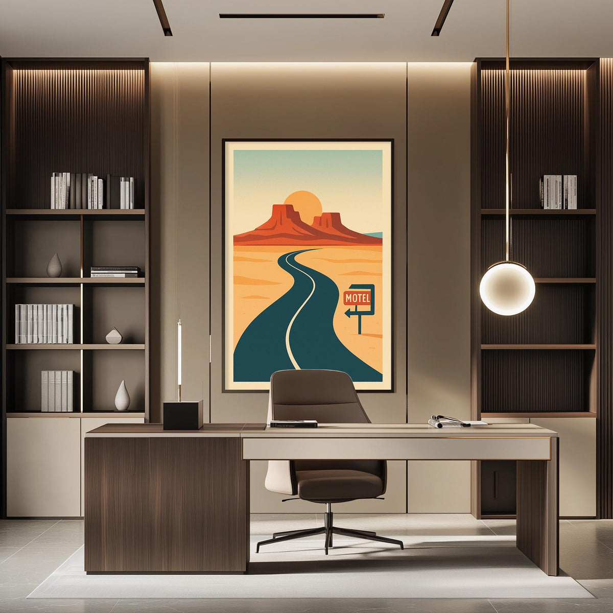 a modern office space with a large framed poster of a desert landscape featuring a winding road and mountains in the background. The office has a wooden desk, a chair, and a bookshelf, creating a professional and stylish atmosphere.