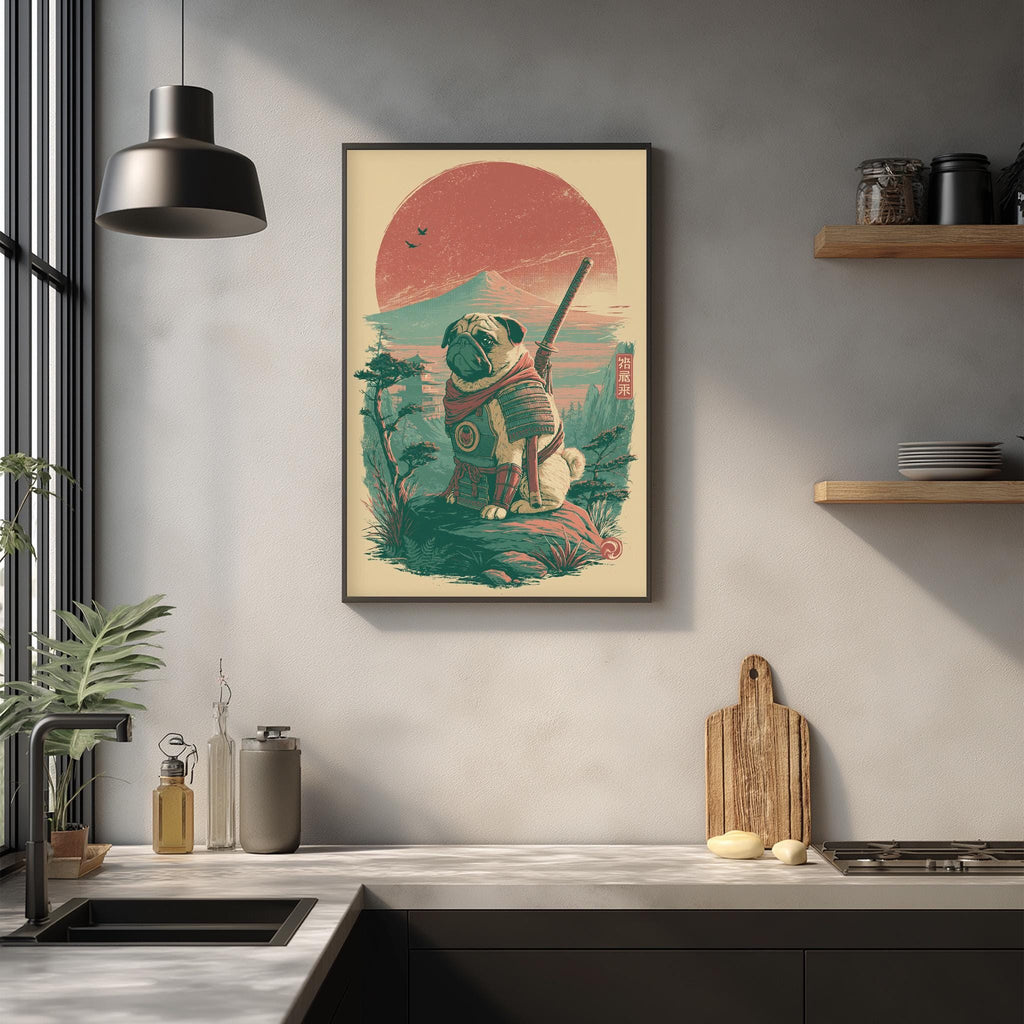 a framed illustration of a pug dog sitting on a rock, holding a sword, with a red and green background. The pug is wearing a green and red outfit, and the background includes a sunset and mountains. The pug is positioned on a rock, and there are some plants and other items in the background.