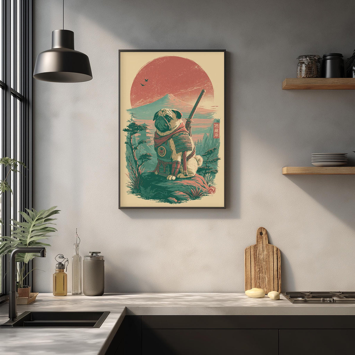 a framed illustration of a pug dog sitting on a rock, holding a sword, with a red and green background. The pug is wearing a green and red outfit, and the background includes a sunset and mountains. The pug is positioned on a rock, and there are some plants and other items in the background.