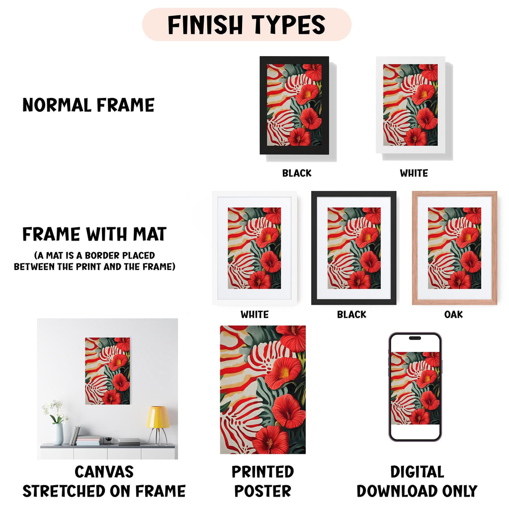 various types of artwork, including a normal frame, a frame with a mat, a white frame, a black frame, an oak frame, a white canvas stretched on a frame, a printed poster, and a digital download only.