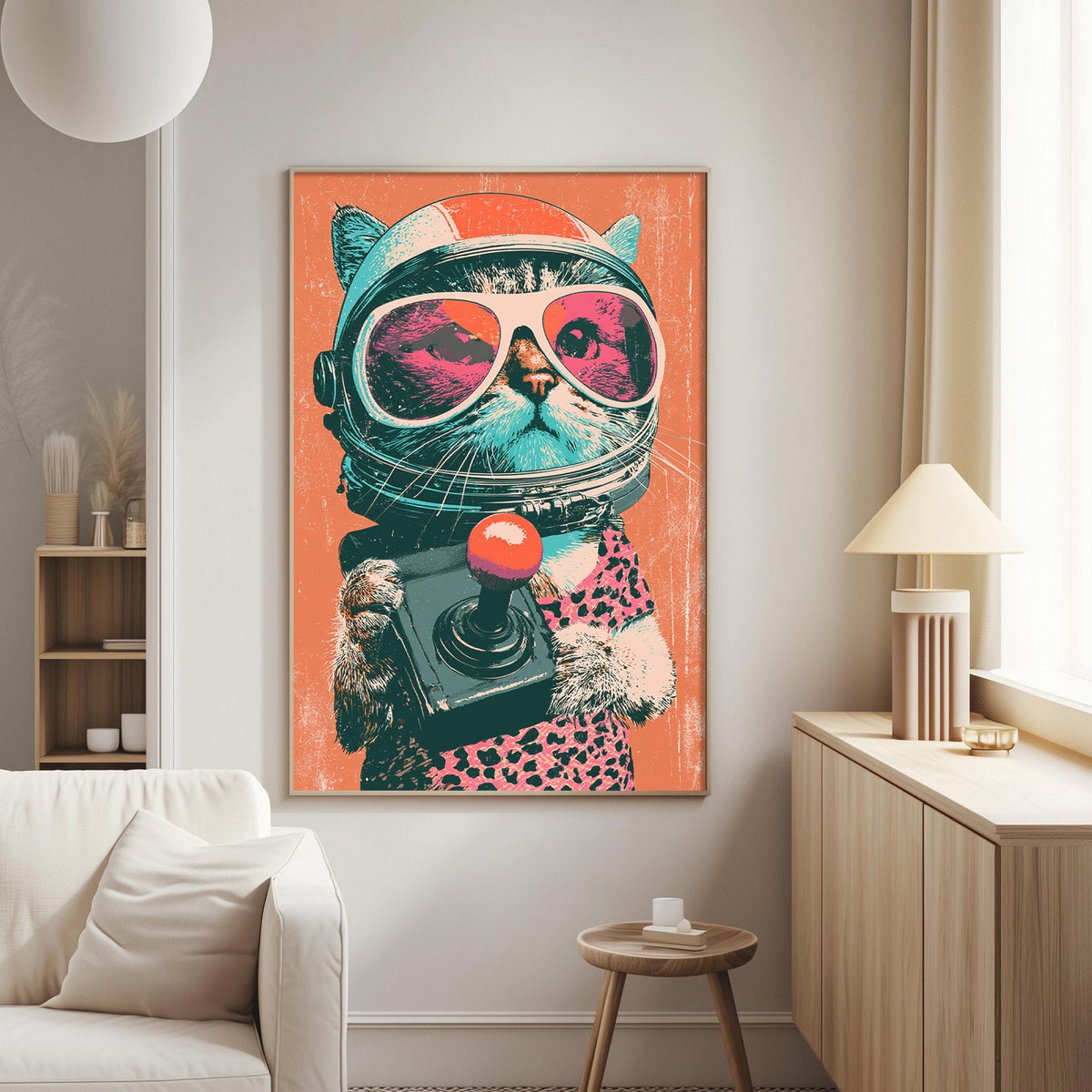 a vibrant, colorful painting of a cat wearing a helmet and holding a video game controller, set against an orange background.