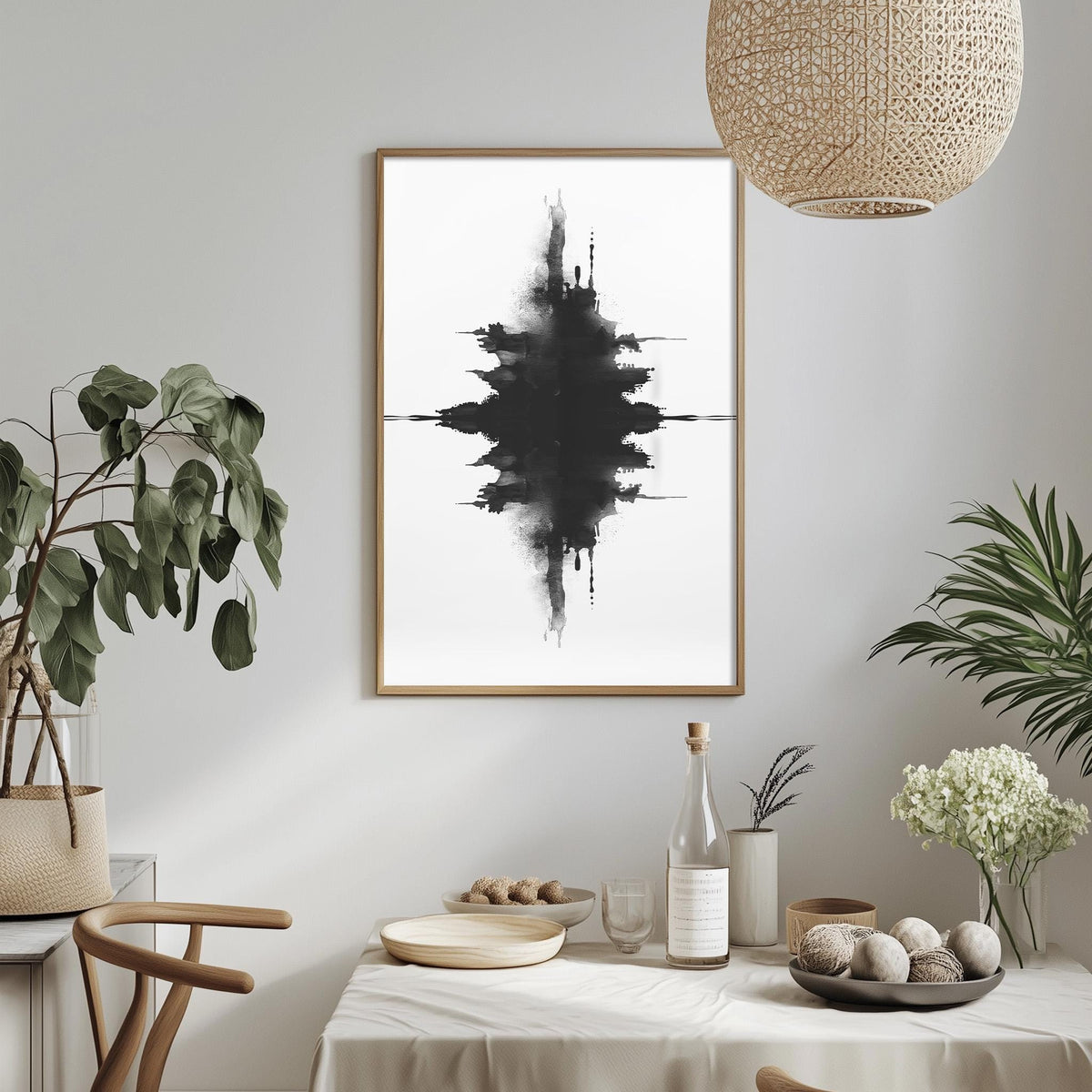a dining table with a white tablecloth, a bowl of fruit, a bottle, and a vase with flowers. Above the table, there is a framed black and white abstract painting hanging on the wall.