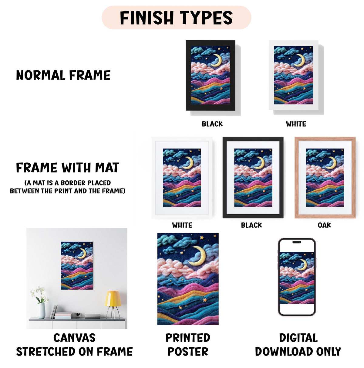 various types of artwork, including a canvas stretched on a frame, a framed poster, and a digital poster. The artwork features different frame styles and finishes, such as a normal frame, a black frame, a white frame, and an oak frame. The artwork also includes a canvas and a printed poster, as well as a digital poster. The image is a collage of multiple images, and the descriptions provided should be avoided to prevent redundancy and ensure clarity.