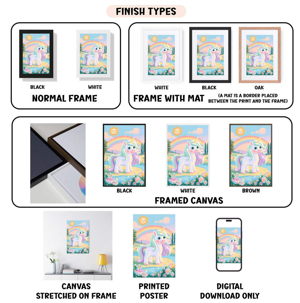 various finish types for a unicorn-themed canvas print, including a normal frame, a frame with a mat, a white frame, a black frame, a black frame with a mat, a white frame, a brown framed canvas, a stretched canvas, a printed poster, and a digital download only.