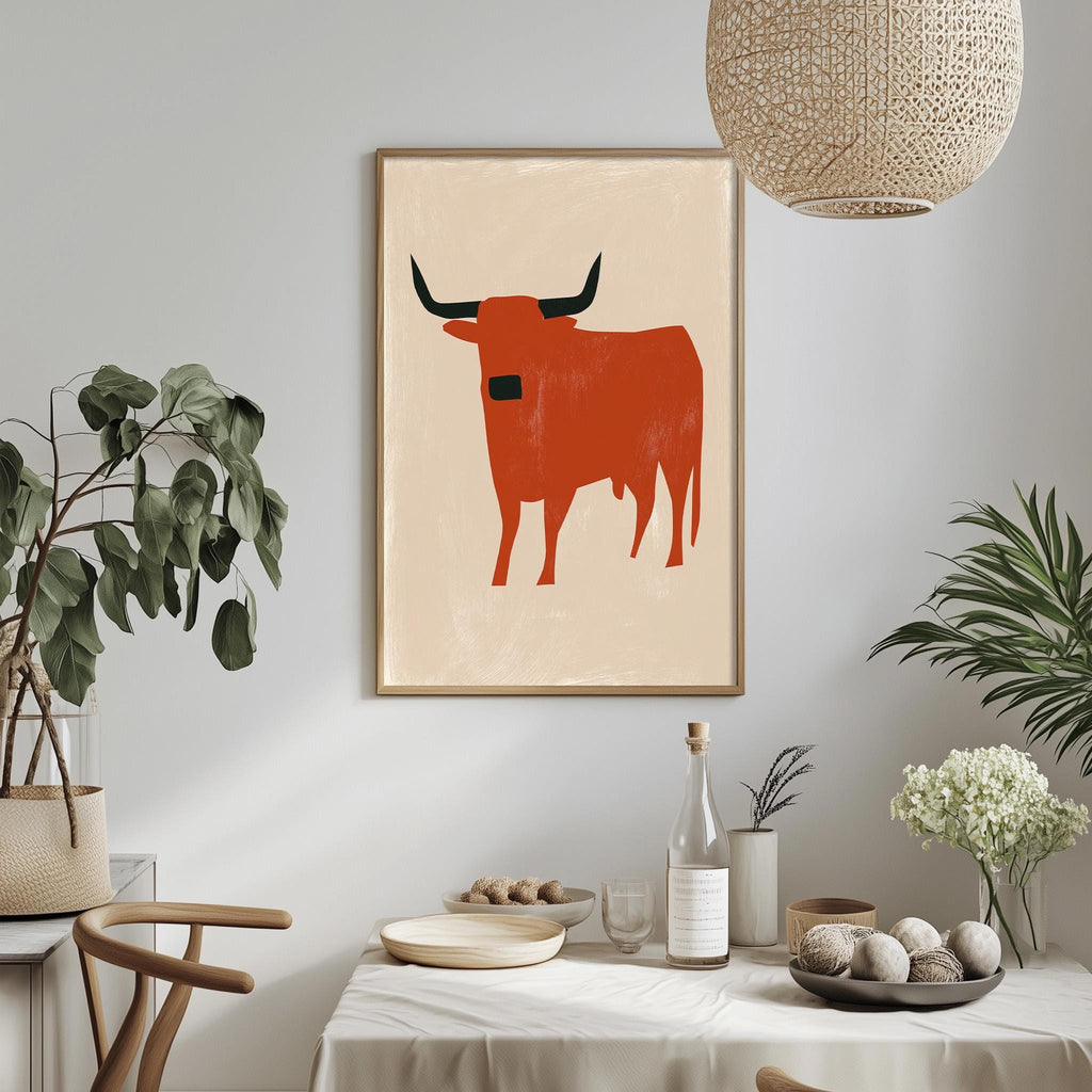 a dining table with a white tablecloth, a bowl of fruit, a bottle, and a vase with flowers. Above the table, there is a framed picture of a bull with horns.