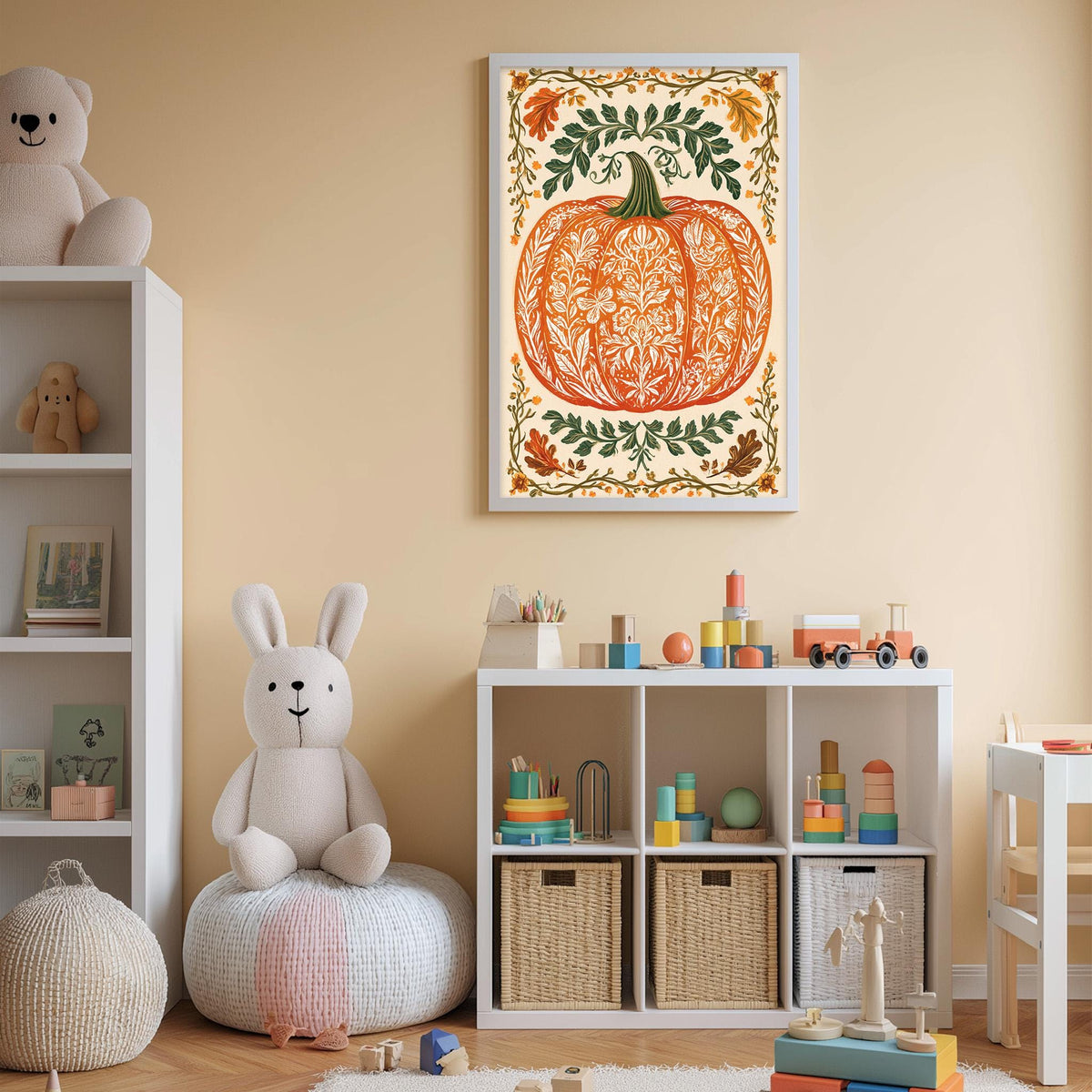A cozy and colorful children's bedroom with a large pumpkin-themed artwork on the wall, a white bookshelf filled with toys, and a plush rabbit sitting on a bean bag chair.