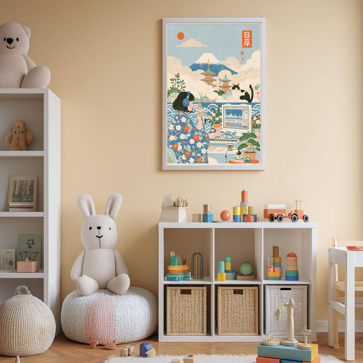 A child's bedroom with a large stuffed rabbit, a bookshelf, and a colorful poster on the wall.