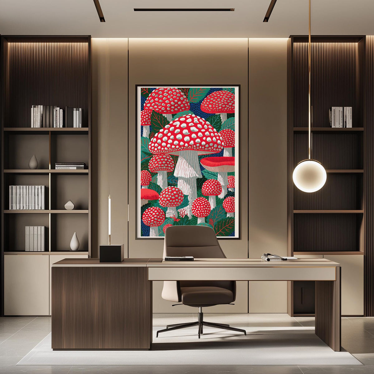 a modern office space with a large framed artwork of red and white mushrooms hanging on the wall above a wooden desk. The desk is positioned in front of the artwork, creating a focal point in the room. The office also features built-in bookshelves and a pendant light, contributing to the overall contemporary design.