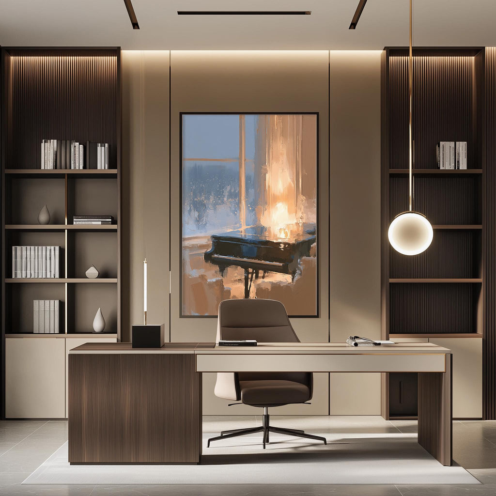 a modern and well-designed office space with a large window, a wooden desk, a comfortable chair, and a framed artwork featuring a piano.