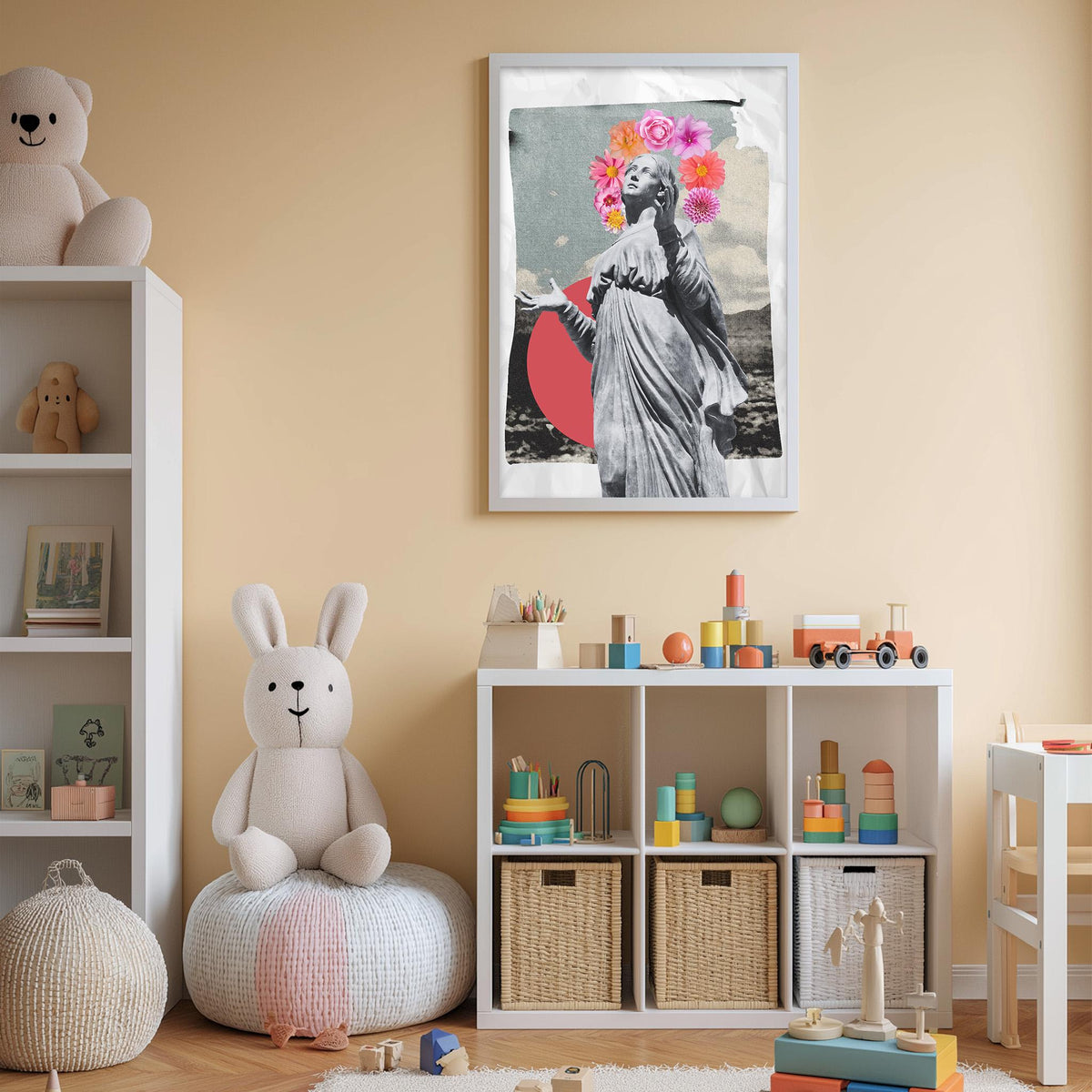 a child's bedroom with a white bookshelf, a stuffed rabbit, a framed artwork of a woman with a flower crown, and a toy train set on the floor.