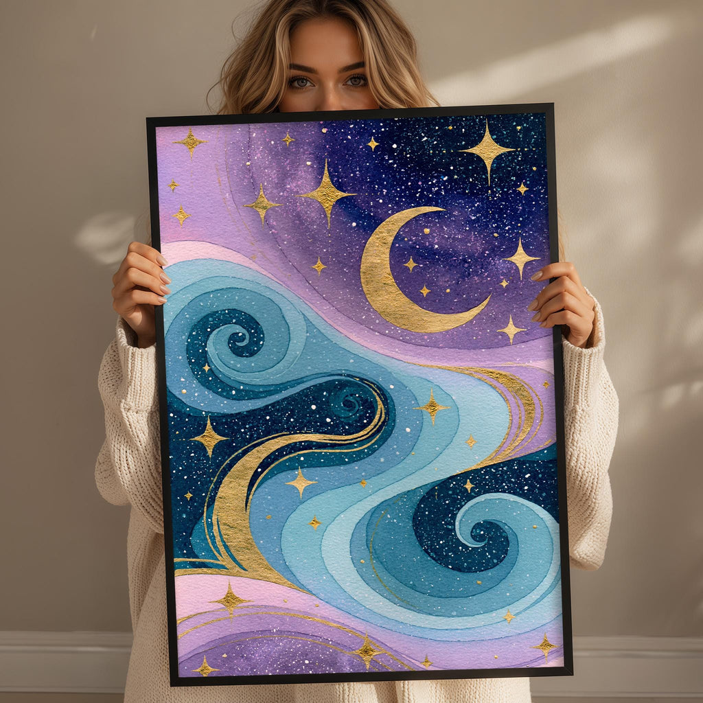 A woman holds up a framed painting depicting a night sky with swirling clouds, stars, and a crescent moon.