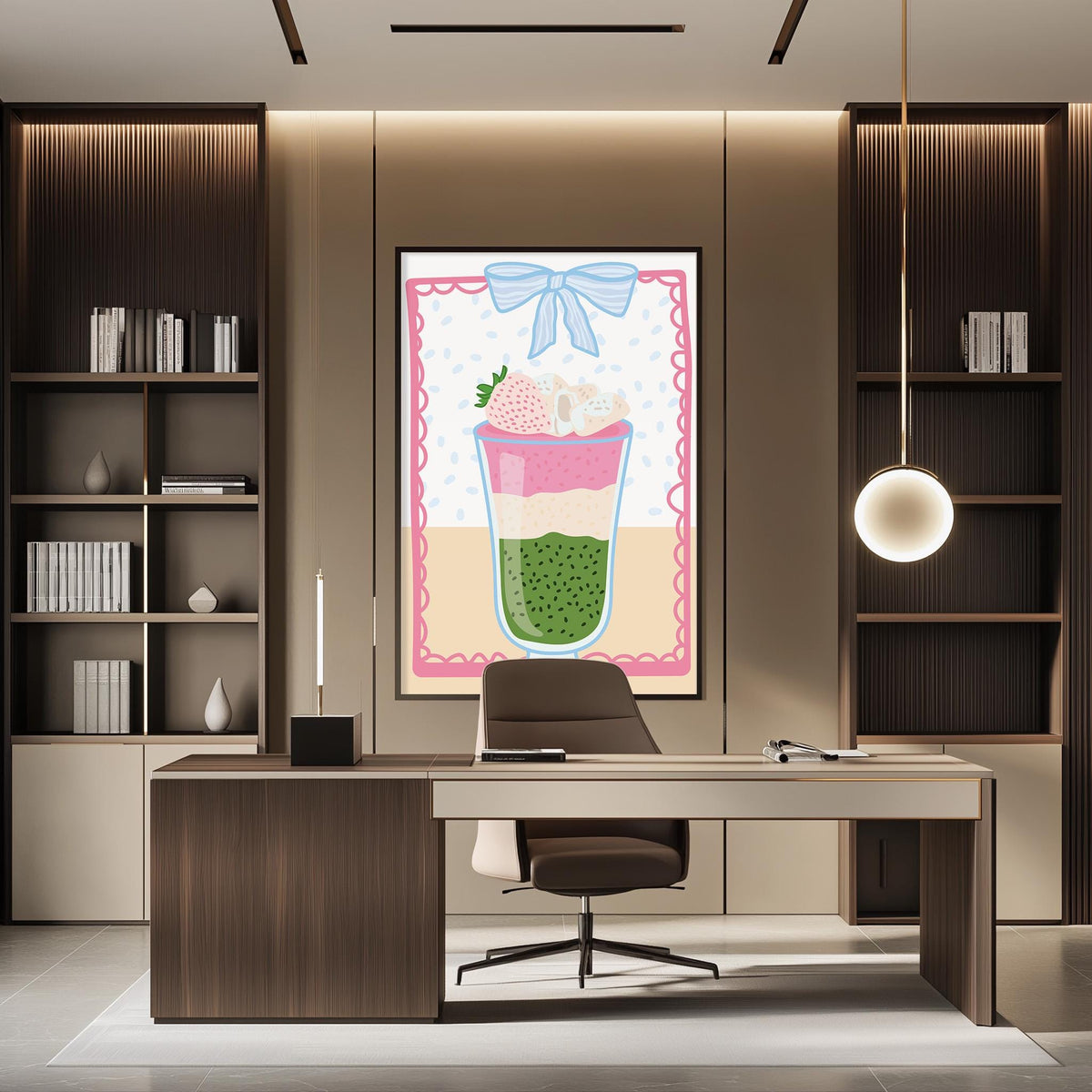 a modern office space with a large framed artwork of a colorful drink on the wall, a wooden desk with a chair, and a bookshelf filled with books.