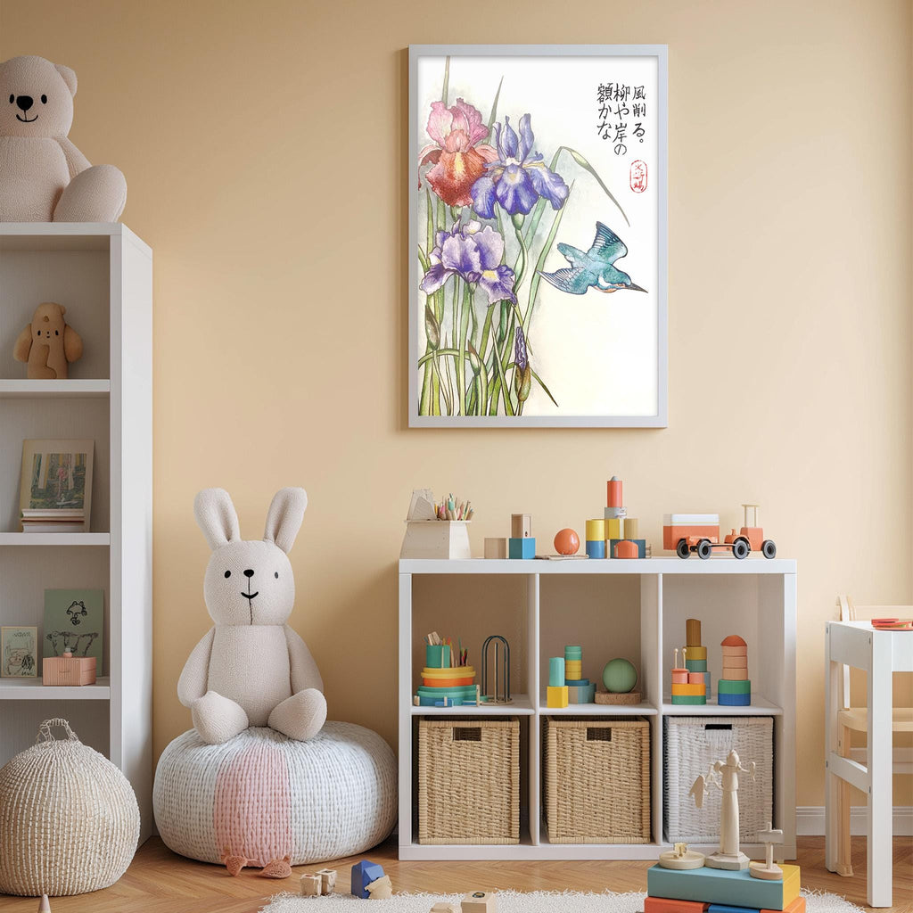A child's bedroom with a white bookshelf, a stuffed rabbit, a toy train, and a framed picture of flowers on the wall.