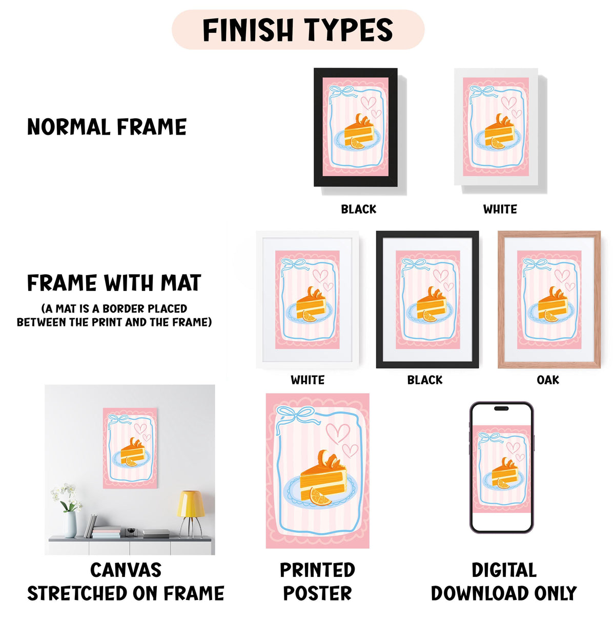 various finish types for artwork, including a normal frame, a frame with a mat, a white frame, a black frame, an oak frame, a white canvas stretched on a frame, a printed poster, and a digital download only.