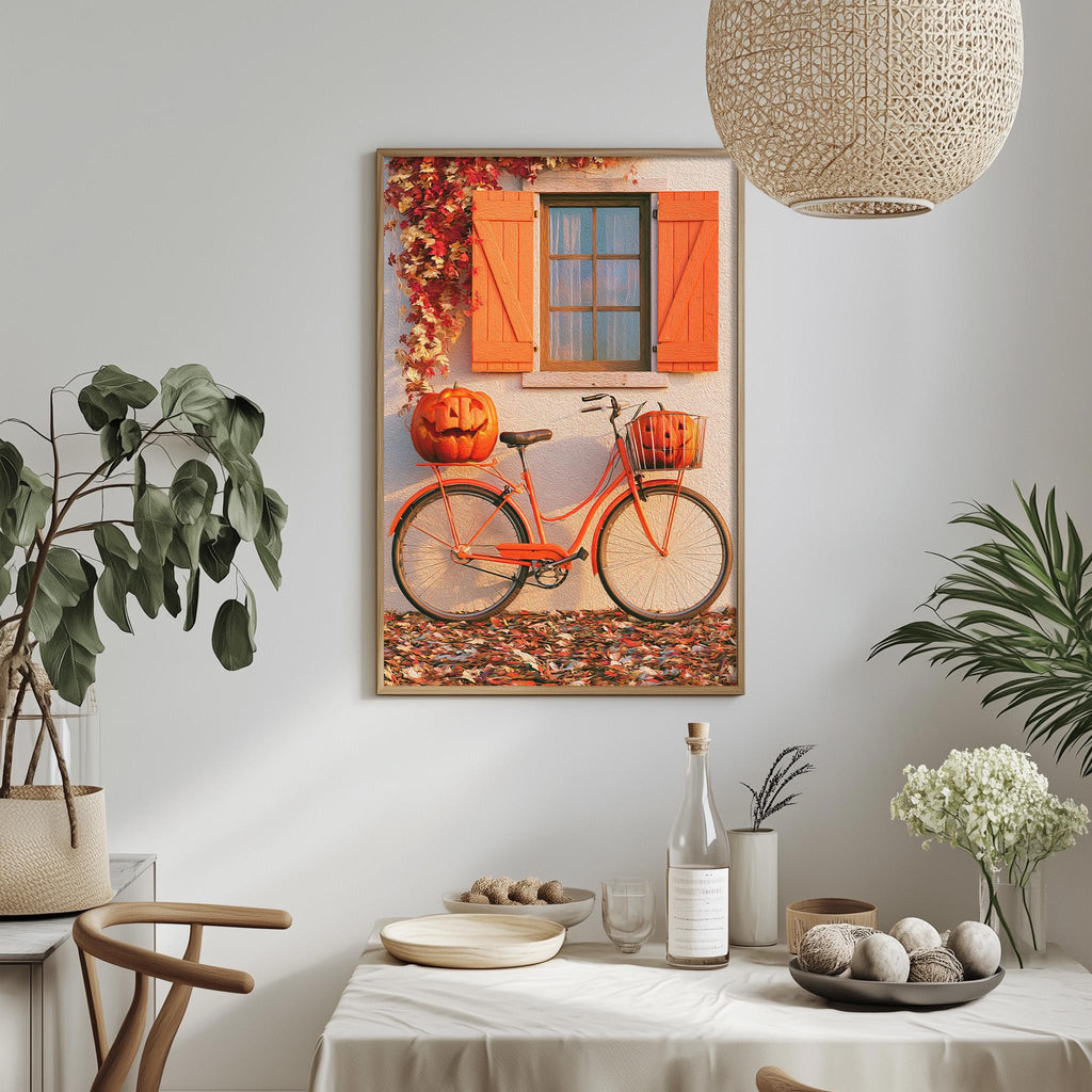 a cozy dining area with a table set for a meal. A bicycle is prominently displayed on the wall, with a pumpkin and a basket attached to it. The table is adorned with various items, including a bottle, a bowl, and a vase. The room is decorated with potted plants and a hanging light fixture, creating a warm and inviting atmosphere.
