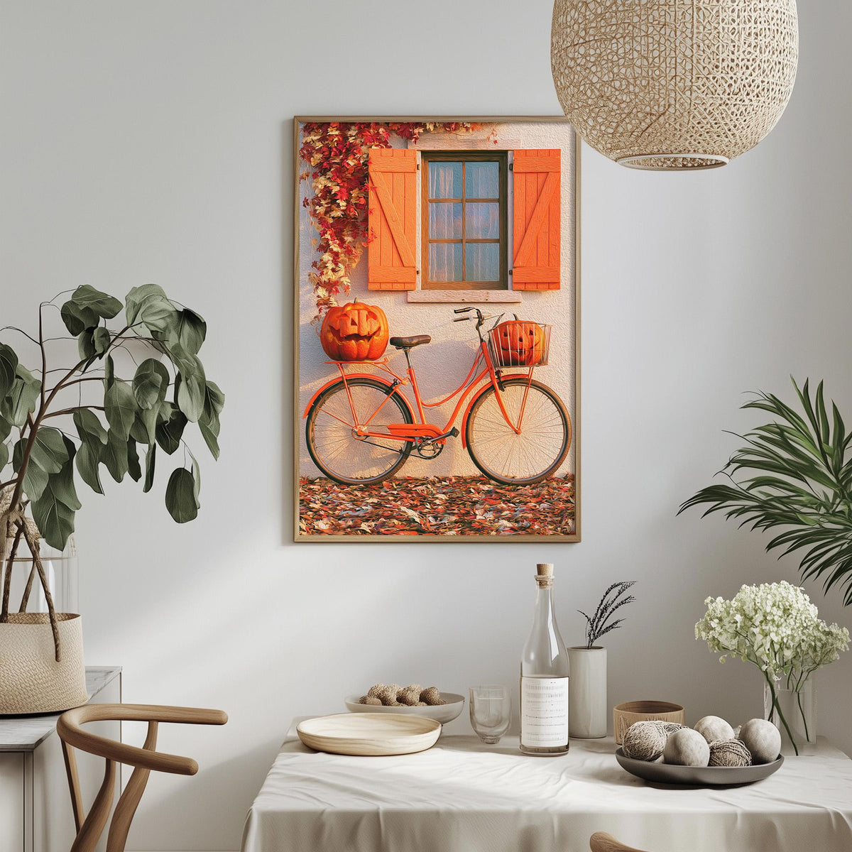 a cozy dining area with a table set for a meal. A bicycle is prominently displayed on the wall, with a pumpkin and a basket attached to it. The table is adorned with various items, including a bottle, a bowl, and a vase. The room is decorated with potted plants and a hanging light fixture, creating a warm and inviting atmosphere.