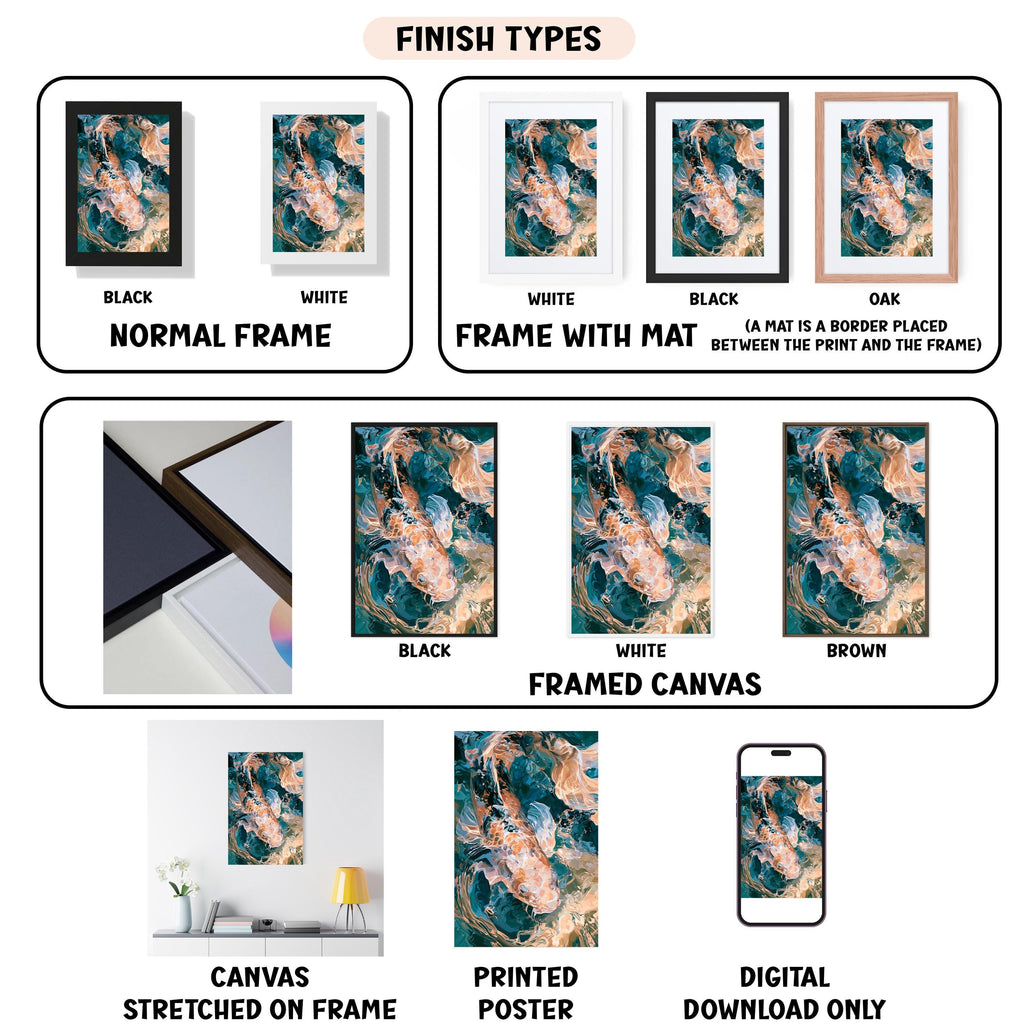 various types of artwork, including framed prints, canvas prints, and digital art, each with different finish types and frame options.
