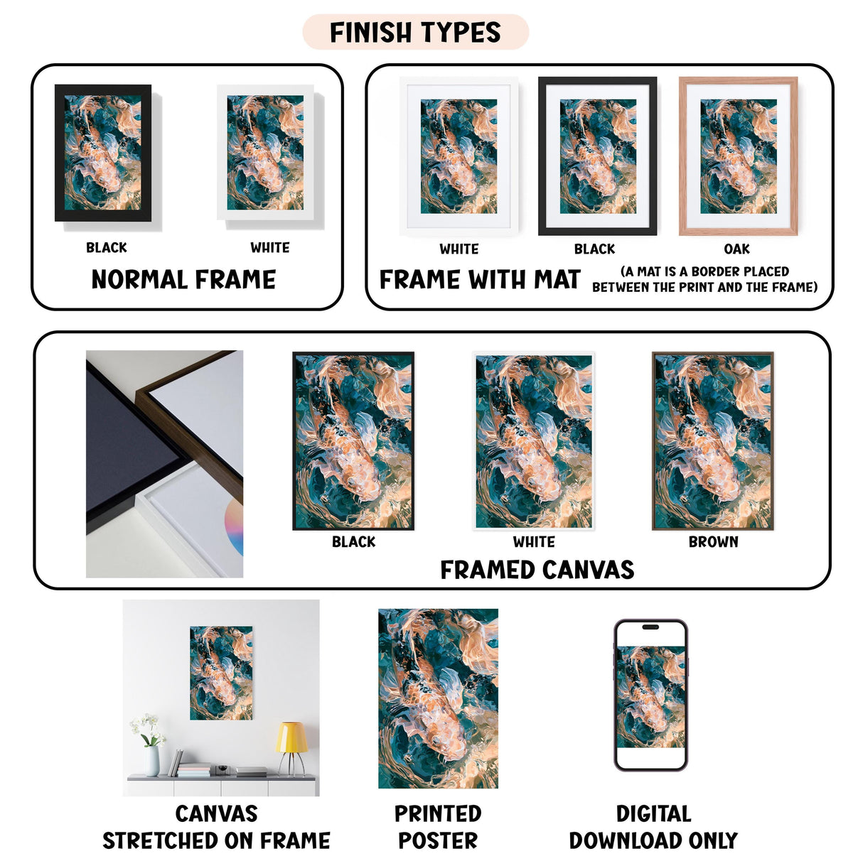 various types of artwork, including framed prints, canvas prints, and digital art, each with different finish types and frame options.
