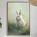 a dining table with a white tablecloth, a bowl of fruit, a bottle, and a vase with flowers. Above the table, there is a framed painting of a white rabbit in a grassy field.
