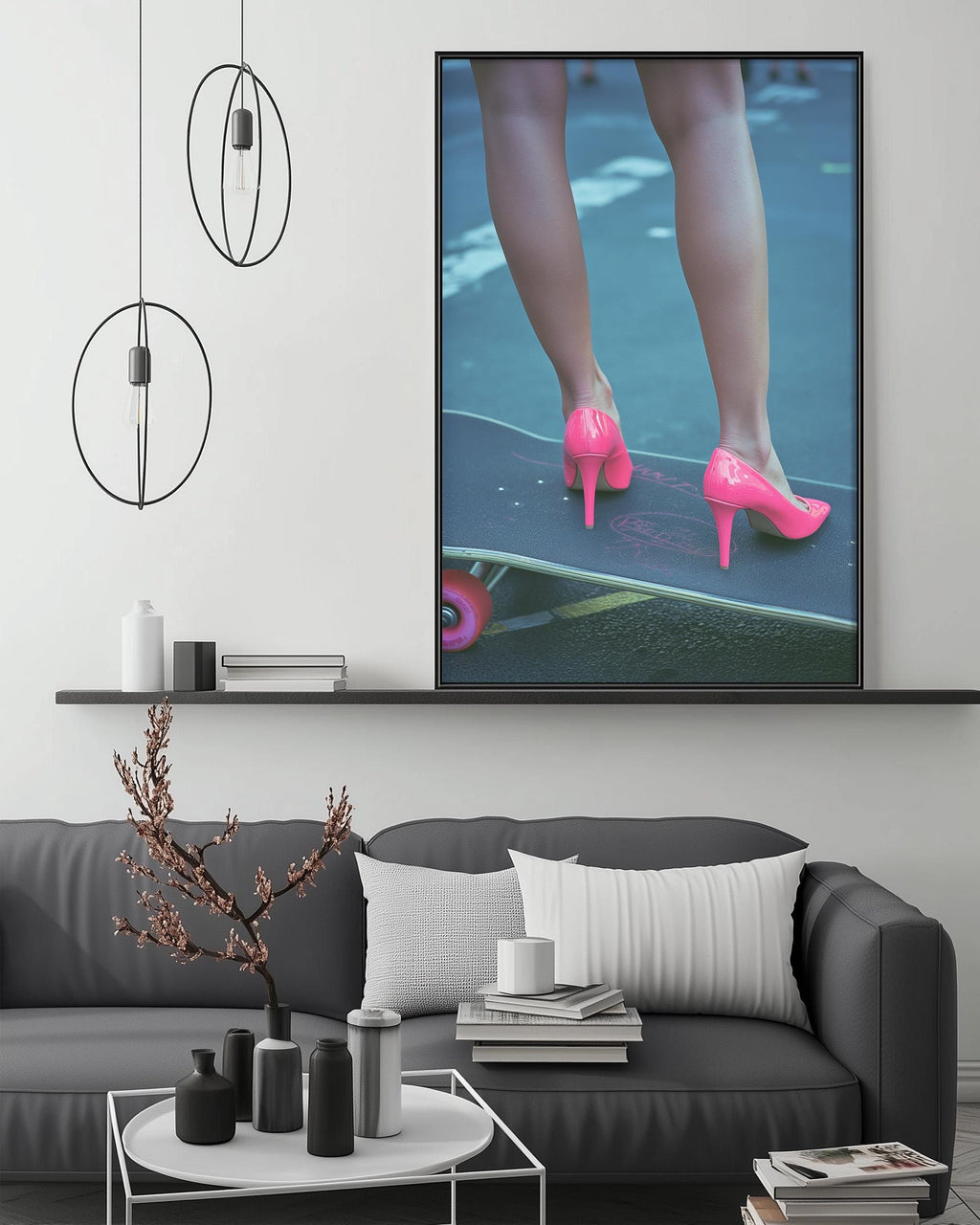a pair of pink high heels on a skateboard, with a black and white abstract background.