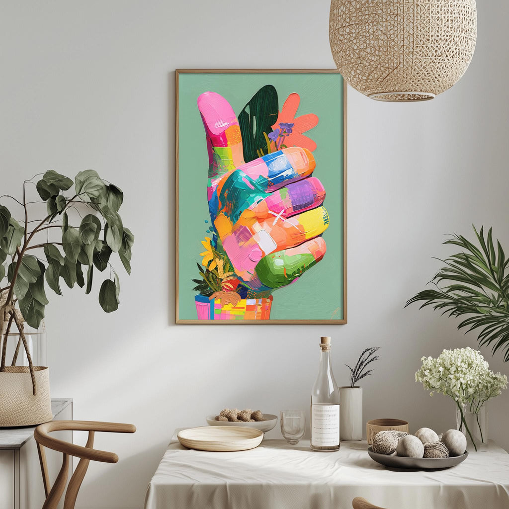 a vibrant, colorful painting of a hand giving a thumbs up, hanging on a wall above a dining table with various decorative items and plants.
