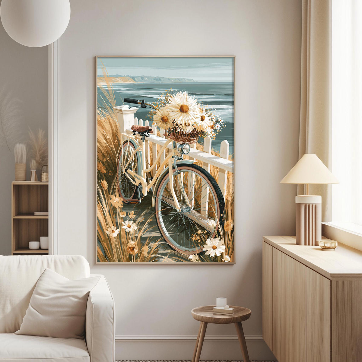 a painting of a bicycle with a basket of flowers on a wooden fence, set against a serene landscape of the ocean and sky.