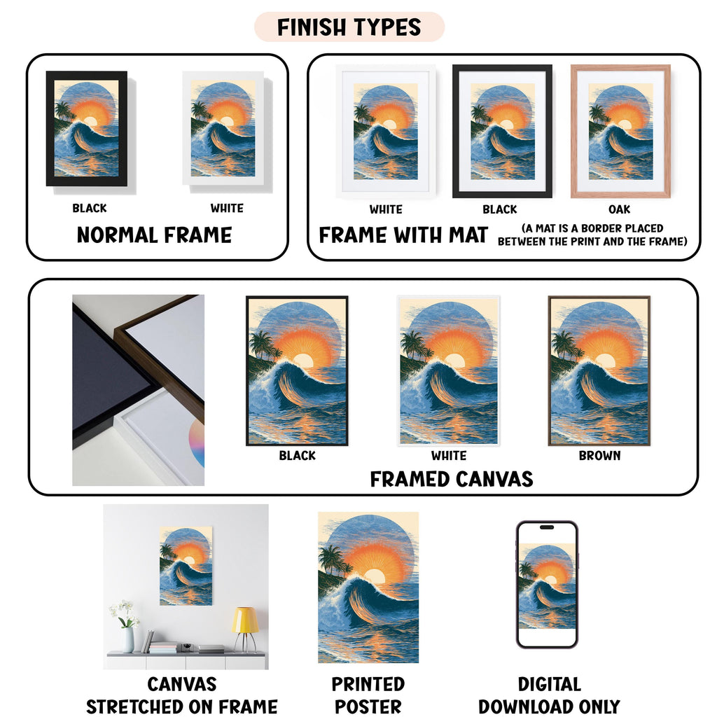 The image is a collection of various finish types for a framed canvas artwork, including black, white, black, oak, white, framed canvas, and digital download only.