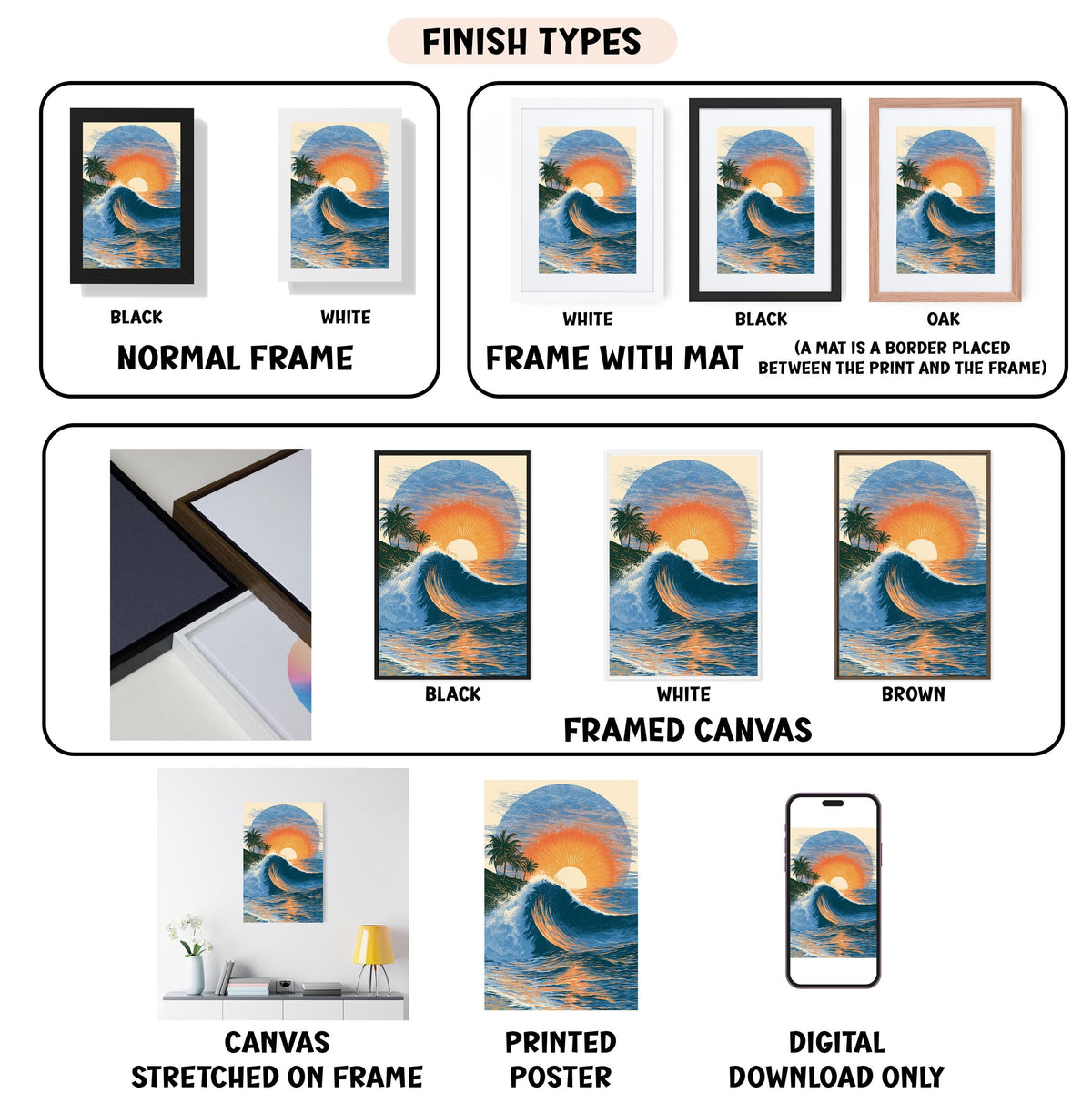 The image is a collection of various finish types for a framed canvas artwork, including black, white, black, oak, white, framed canvas, and digital download only.