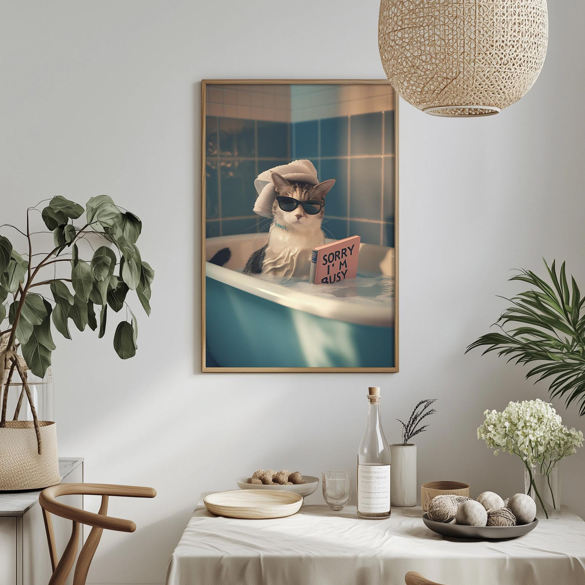 a cat sitting in a bathtub, wearing sunglasses and holding a sign that says "Sorry I'm dirty".