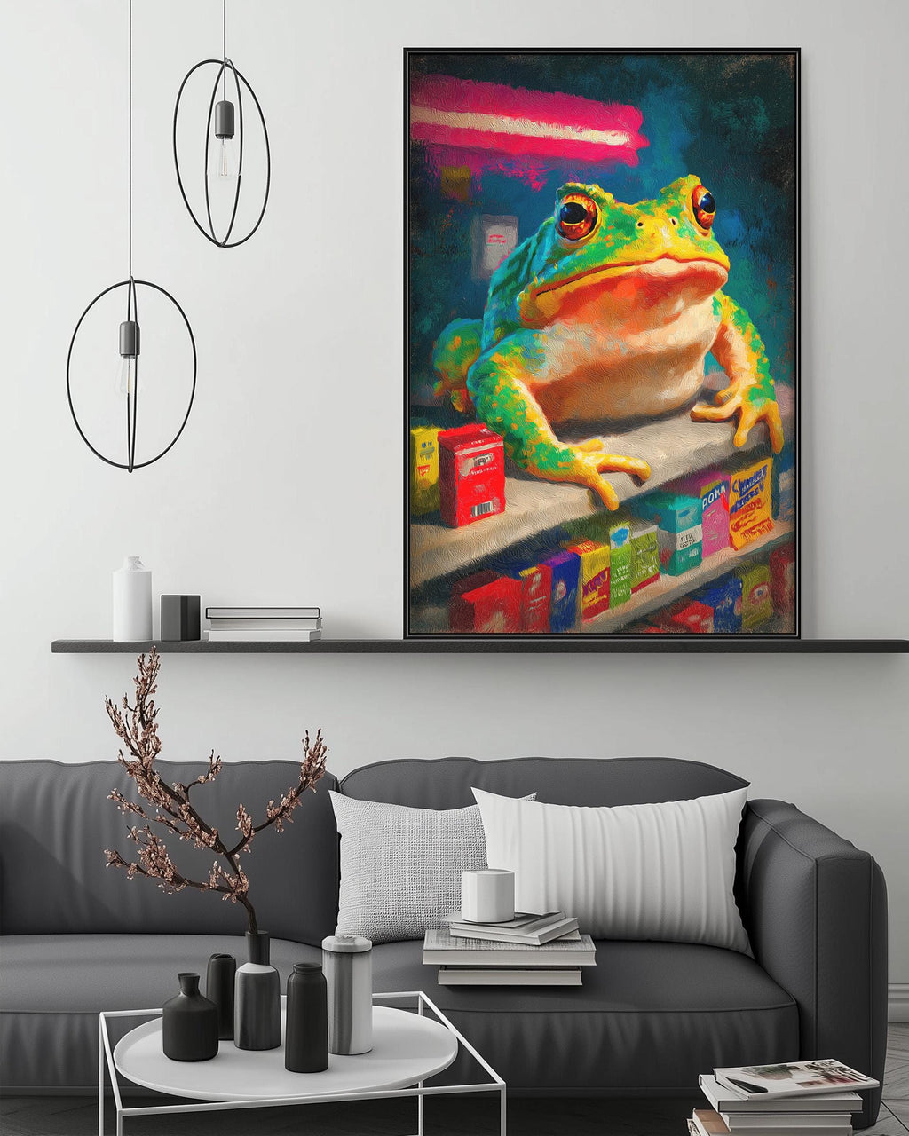 a large painting of a frog sitting on a shelf, surrounded by various objects such as books and vases.