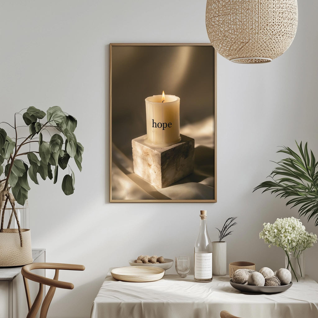 a dining table with a candle, a bottle, and a bowl of fruit, along with a potted plant and a hanging light fixture.