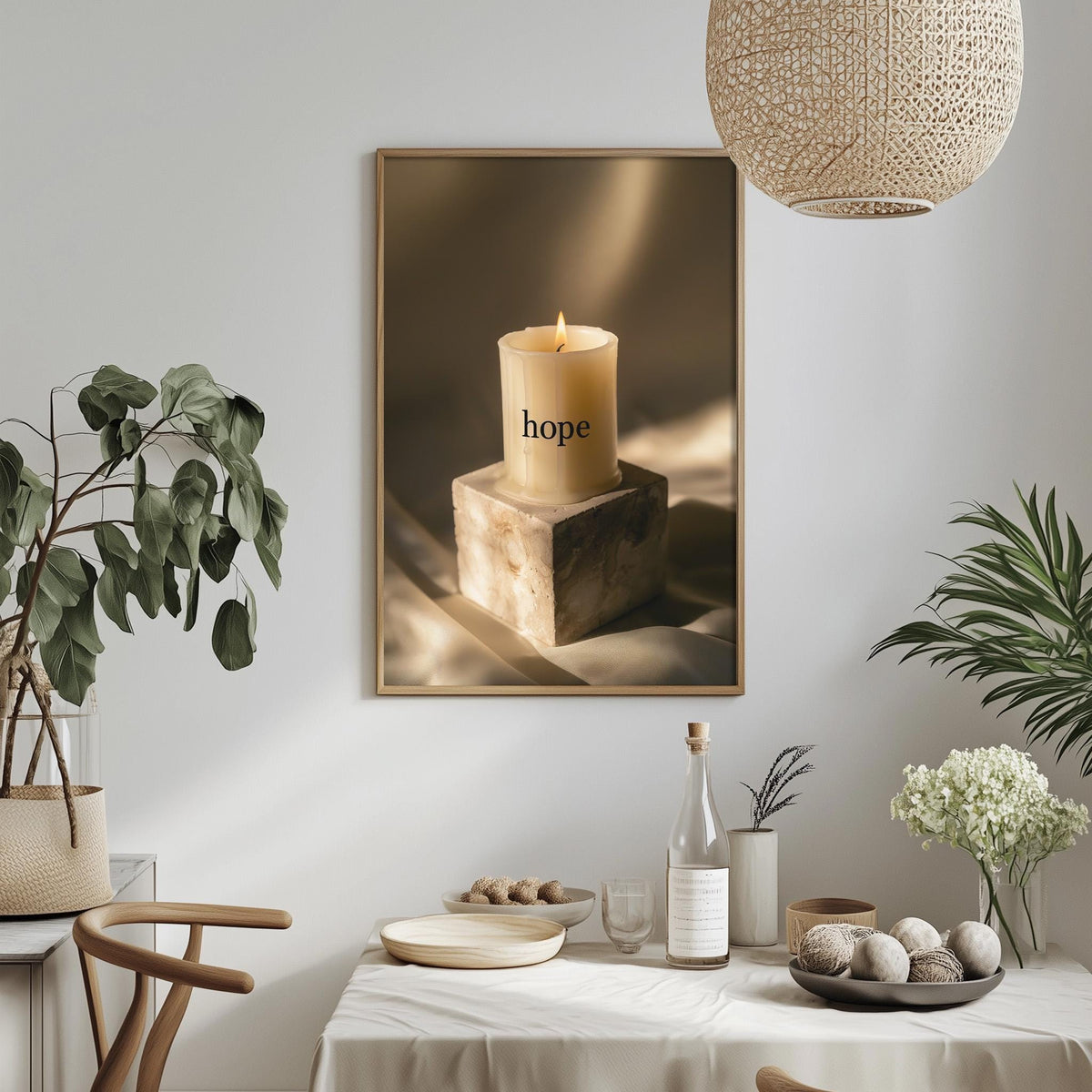 a dining table with a candle, a bottle, and a bowl of fruit, along with a potted plant and a hanging light fixture.