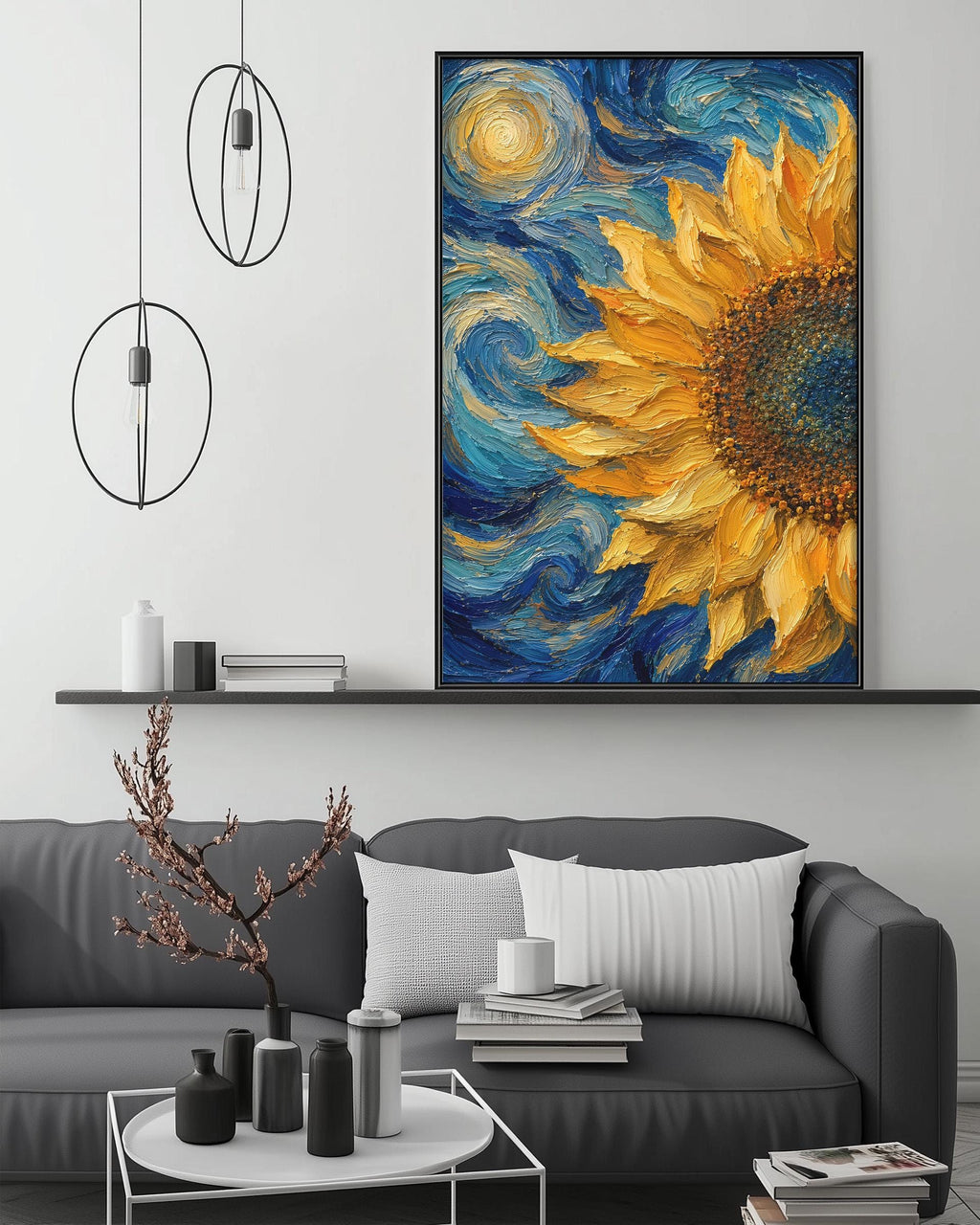 a large, vibrant painting of a sunflower hanging on a wall above a gray couch in a living room setting.