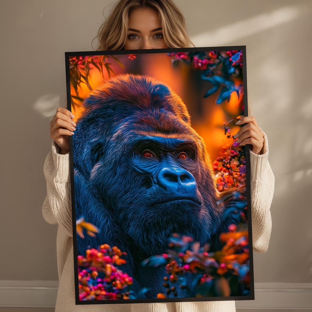A woman holds up a framed image of a gorilla in a lush, colorful forest setting.