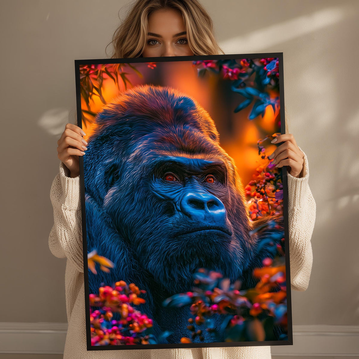 A woman holds up a framed image of a gorilla in a lush, colorful forest setting.