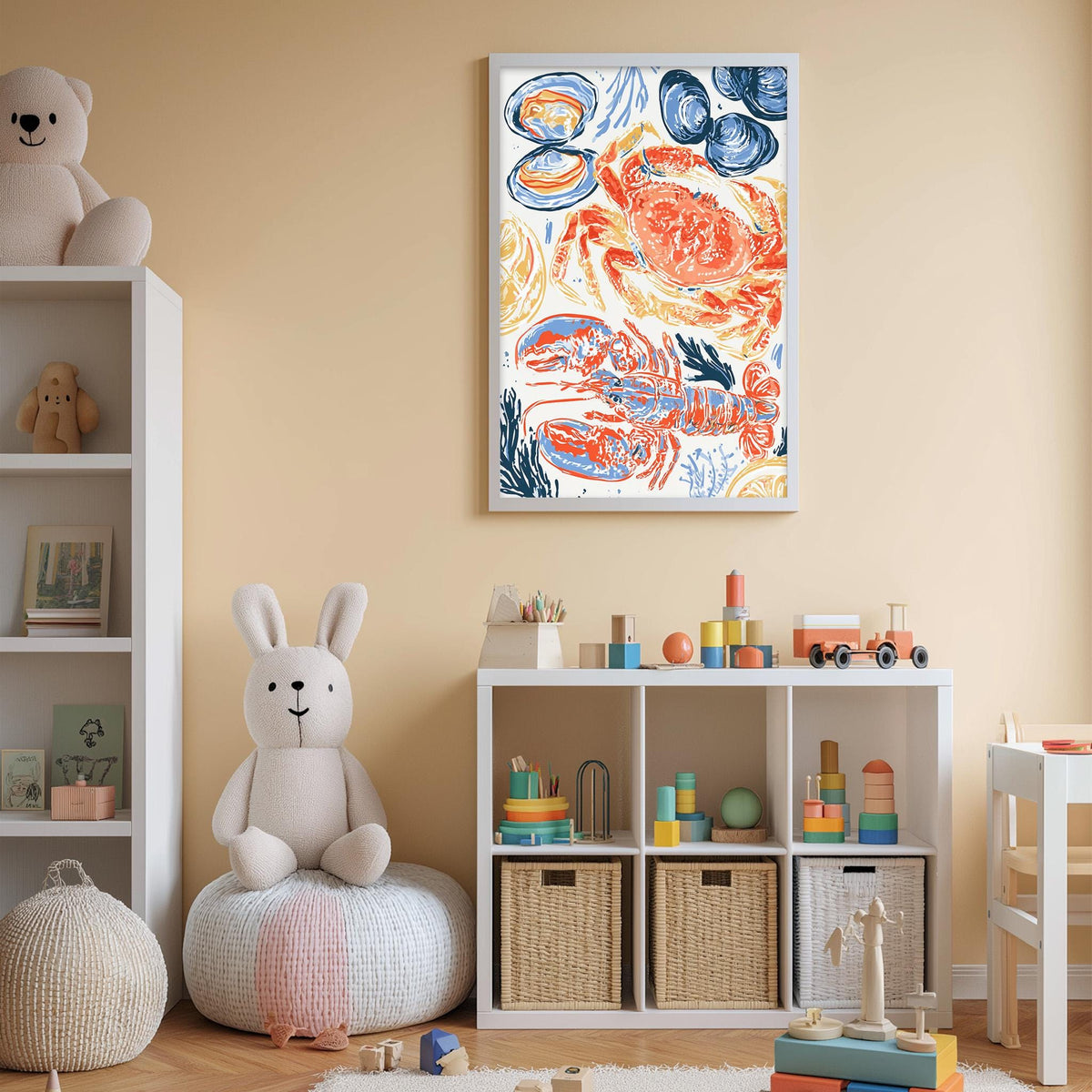 A child's bedroom with a white bookshelf, a stuffed rabbit, and a colorful abstract painting on the wall.