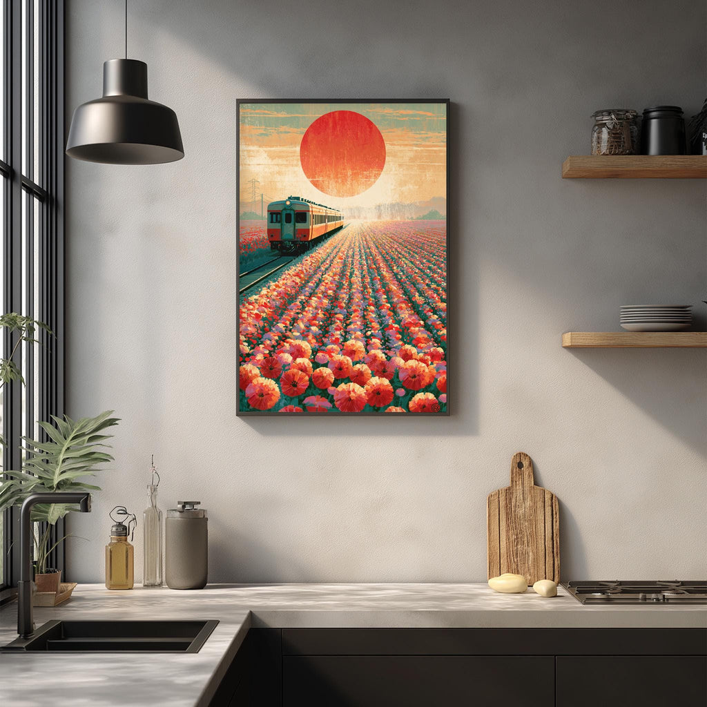a framed painting of a train traveling through a field of flowers, with a large sun in the background.
