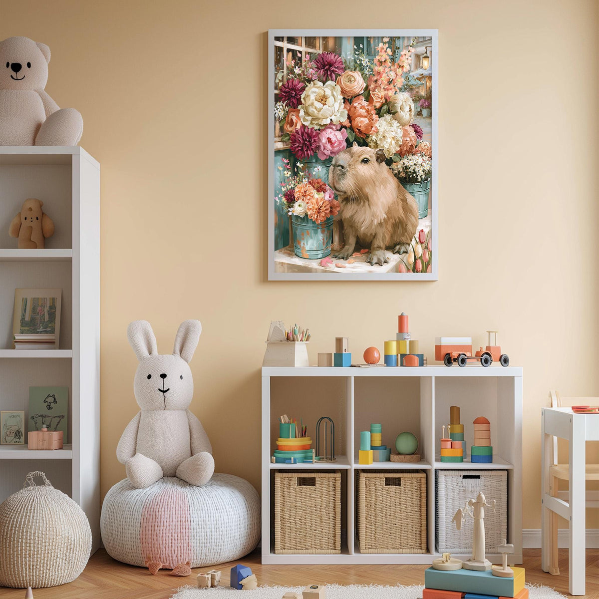 A cozy children's room with a bookshelf, stuffed animals, and a toy train. A framed picture of a rabbit surrounded by flowers is displayed on the wall above a white storage unit filled with toys and baskets.