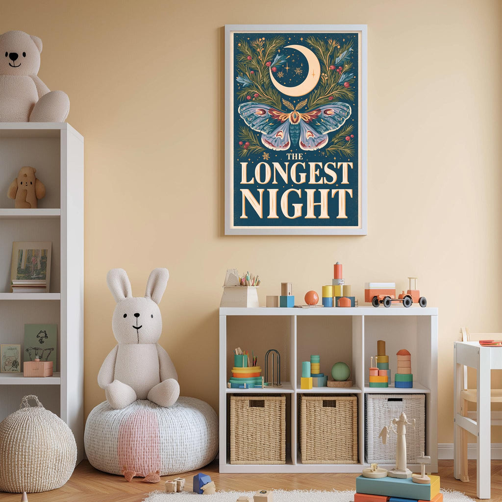 A child's bedroom with a large poster of a crescent moon and butterfly on the wall, a white bookshelf filled with toys, and a white bean bag chair.