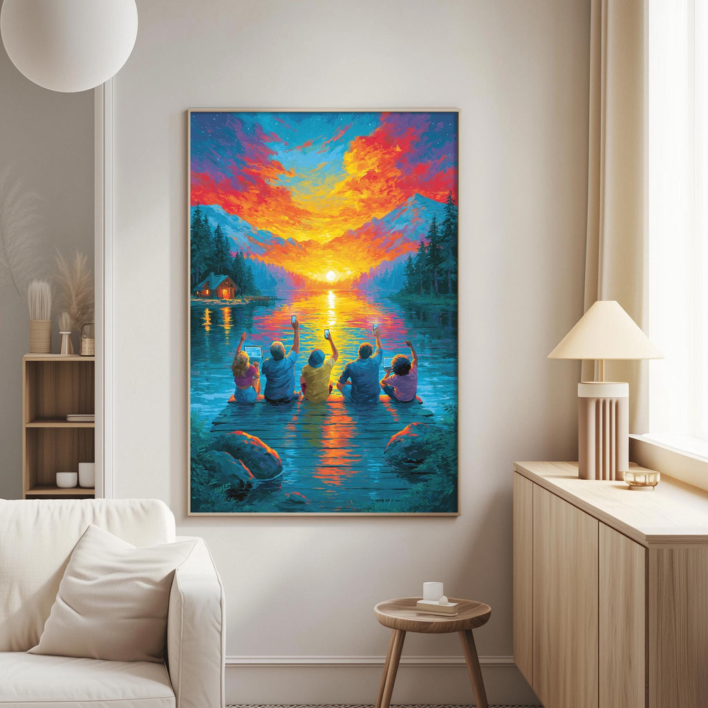 a large, colorful painting of a group of people sitting in a lake, with a sunset in the background. The painting is hung on a wall in a living room setting, with a white couch and a lamp visible in the background.