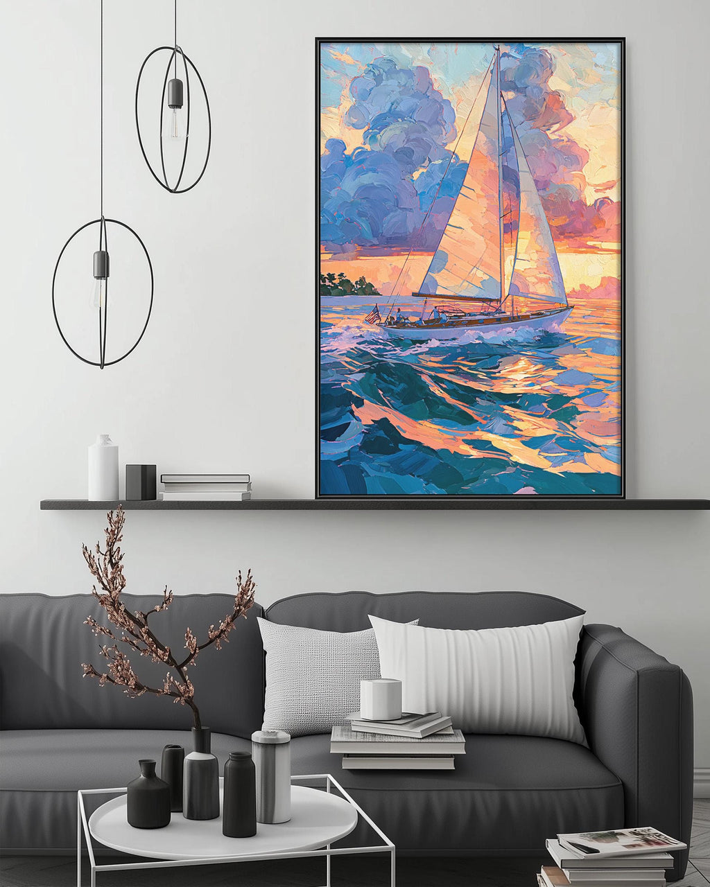 a large painting of a sailboat on the ocean, hanging on a wall above a gray couch with white pillows. The painting depicts a colorful sunset over the water, with the sailboat sailing on the waves. The room has a minimalist and modern design, with a white coffee table, a shelf with decorative items, and a potted plant.