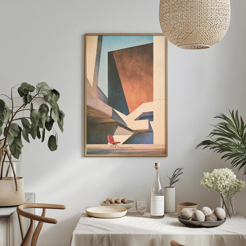 a dining room with a table set for a meal, a painting hanging on the wall, and various decorative elements such as potted plants and vases.