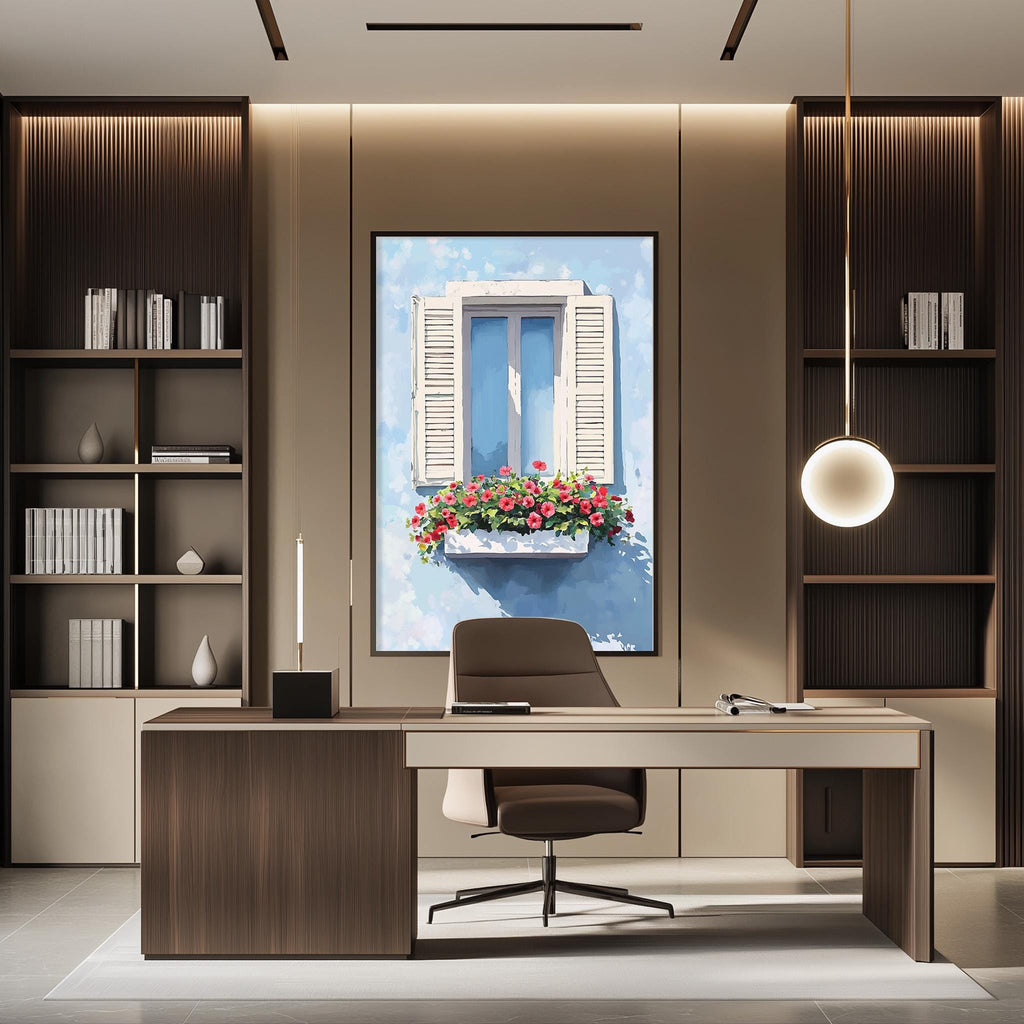 a modern and well-lit office space with a large window, a wooden desk, and a comfortable chair.